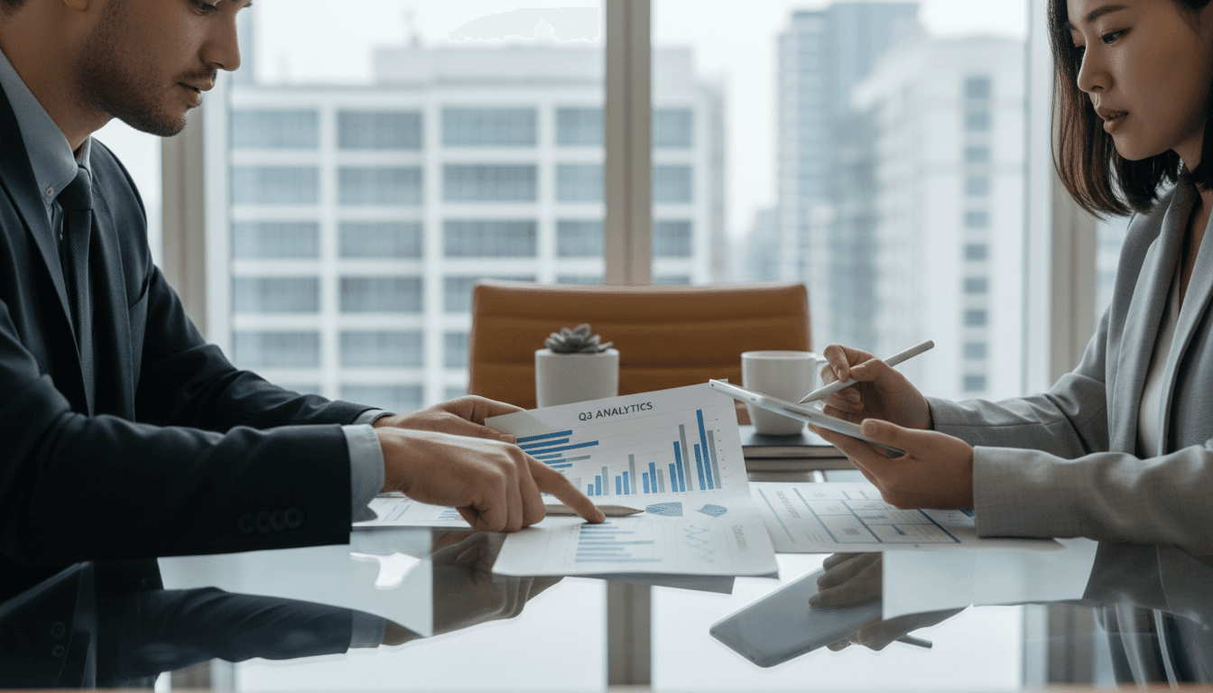 Professional business consultant meeting with client in modern office discussing strategy