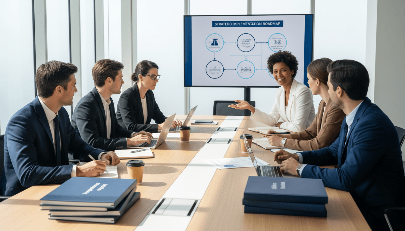 Diverse consulting team and client stakeholders collaborating around conference table during enterprise transformation kickoff meeting