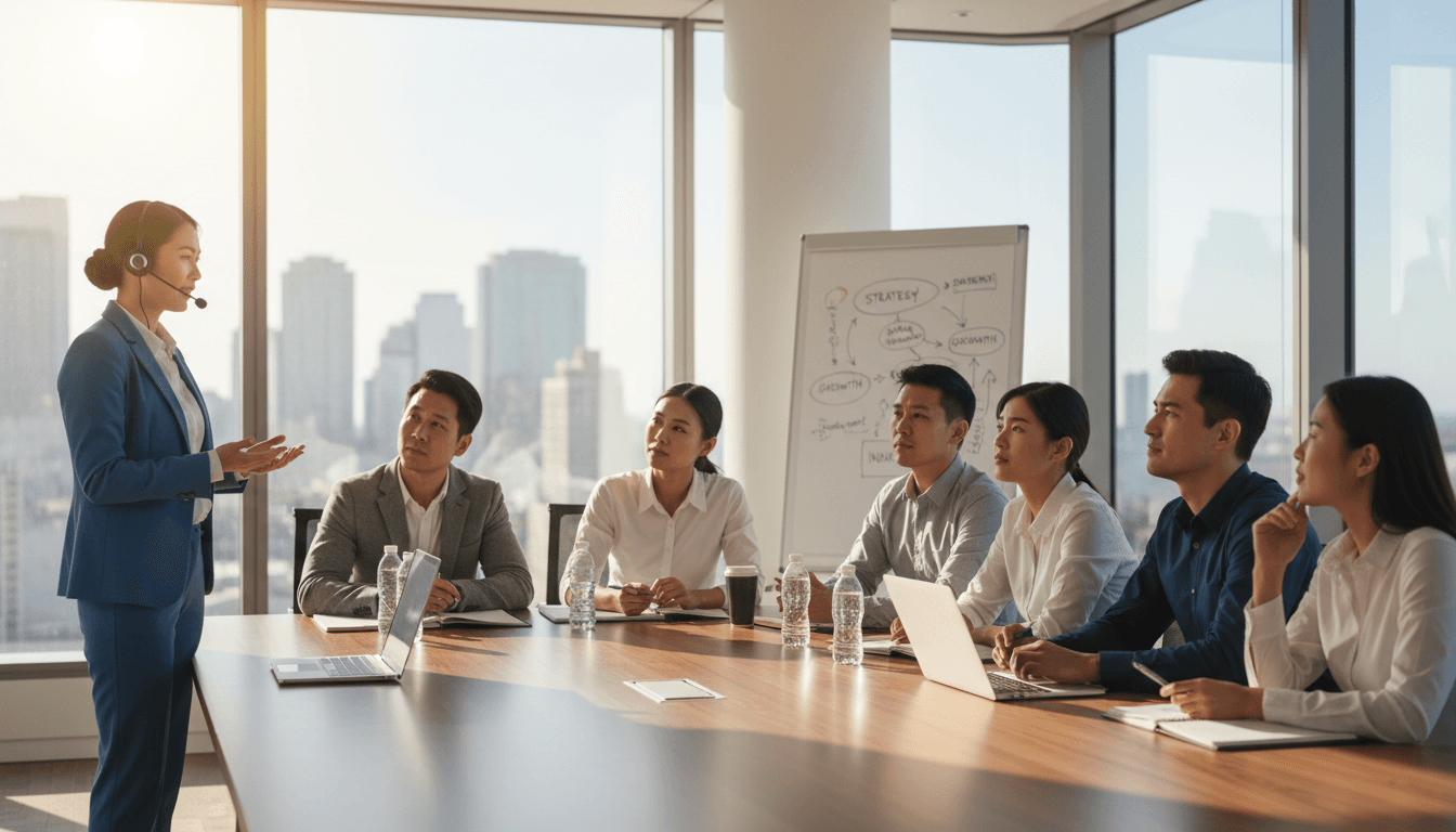 Professional training session in modern corporate classroom with engaged participants